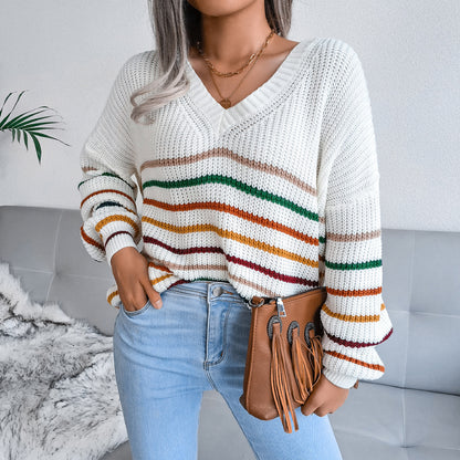 Women's V-neck Striped Casual Loose Sweater