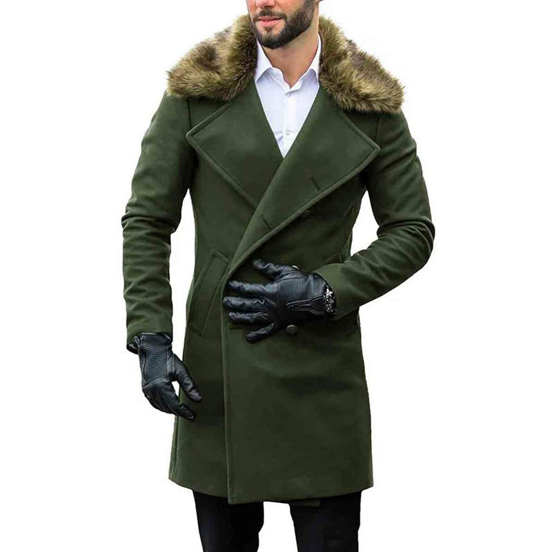 Men's Fur Collar Woolen Long Coat