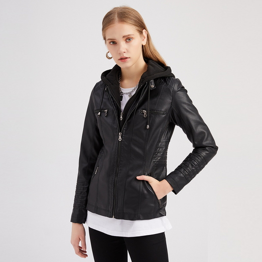 Women's Hooded Two-piece Detachable Plus Size Leather Jacket
