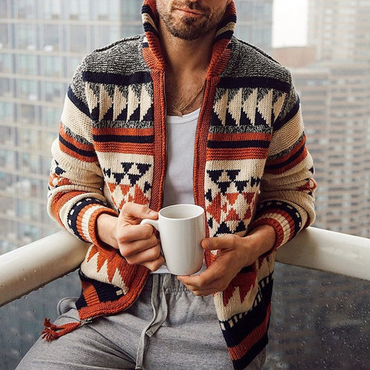 Men's Long Sleeve Lapel Jacquard Sweater Jacket