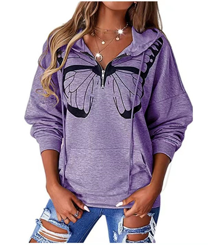 Women's Casual Hooded Butterfly Print Sweatshirt