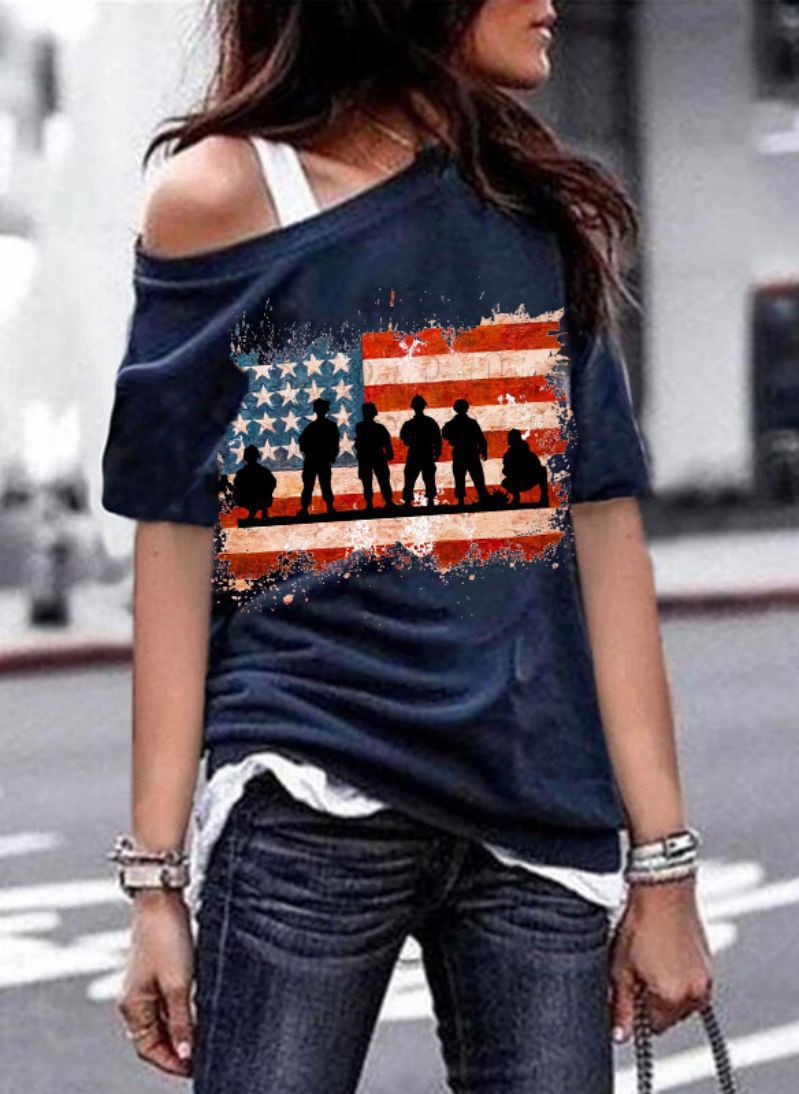 USA Flag Letter Print T-shirts For Women