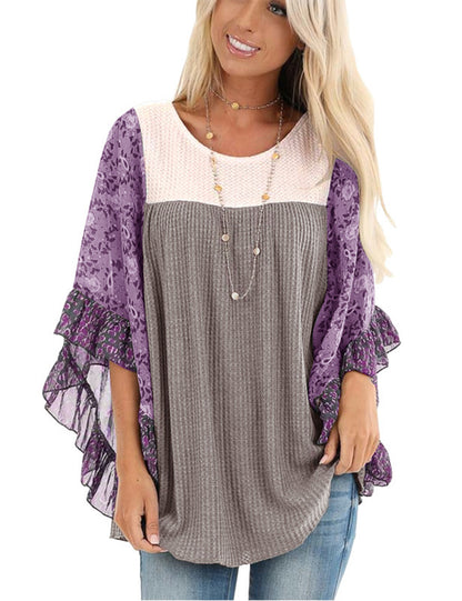 Women's Floral Chiffon Sleeve Waffle Knit Blouse