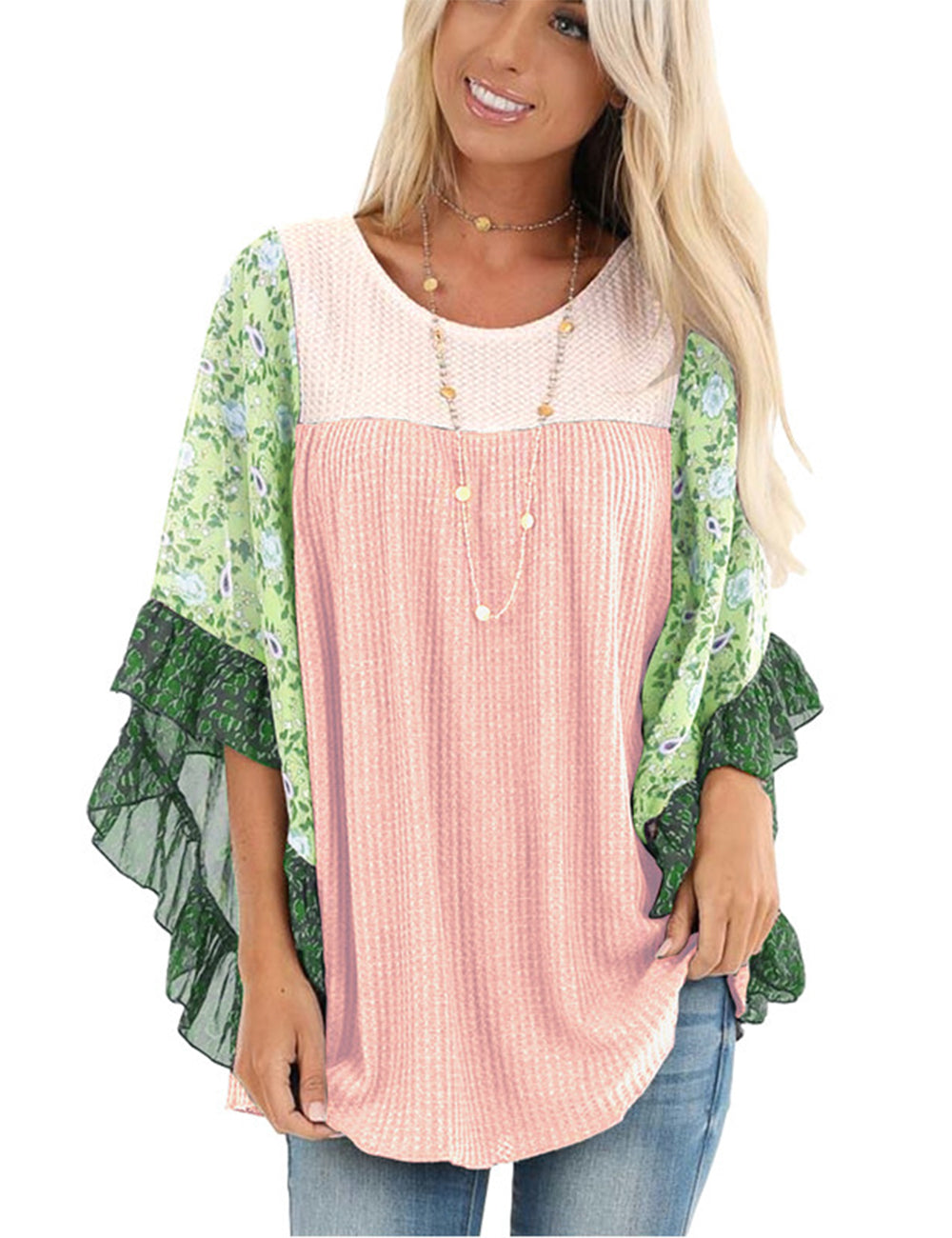 Women's Floral Chiffon Sleeve Waffle Knit Blouse