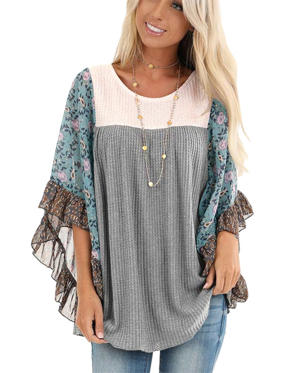 Women's Floral Chiffon Sleeve Waffle Knit Blouse