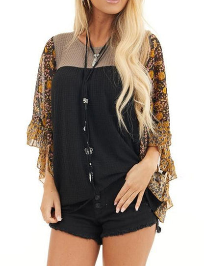 Women's Floral Chiffon Sleeve Waffle Knit Blouse