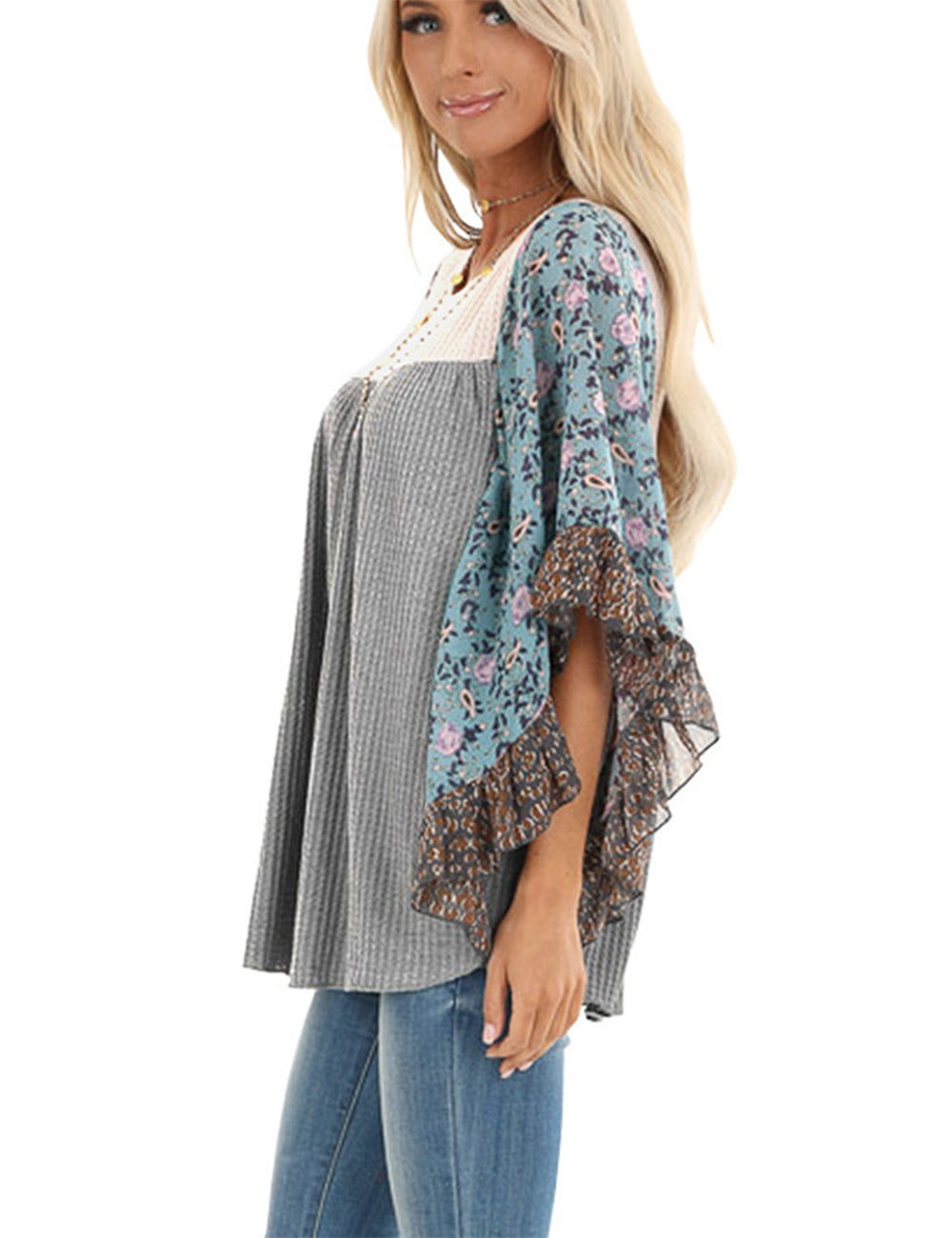 Women's Floral Chiffon Sleeve Waffle Knit Blouse