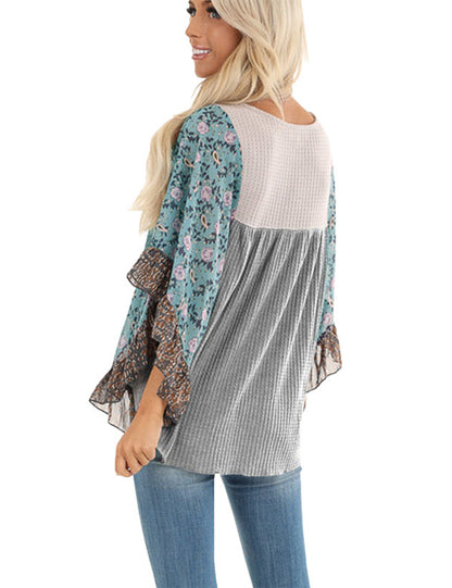 Women's Floral Chiffon Sleeve Waffle Knit Blouse