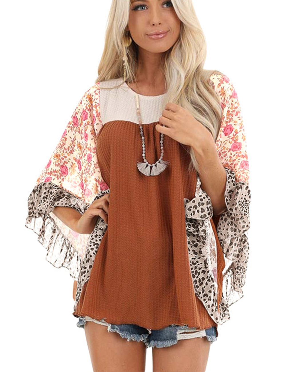 Women's Floral Chiffon Sleeve Waffle Knit Blouse