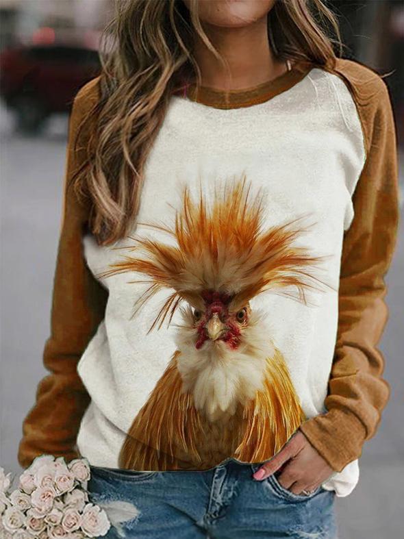 Women's Fun Crazy Chicken Stitching Round Neck Sweatshirt