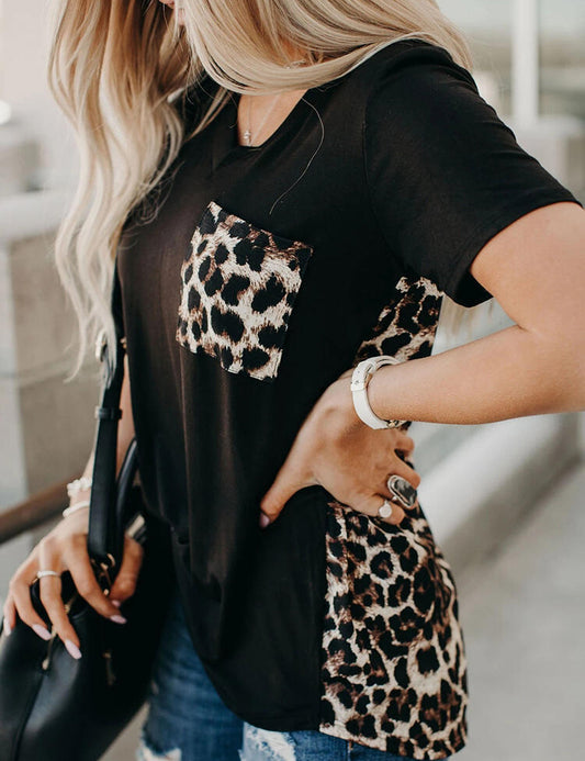 Women's T-Shirt Leopard Pocket V-Neck Tee