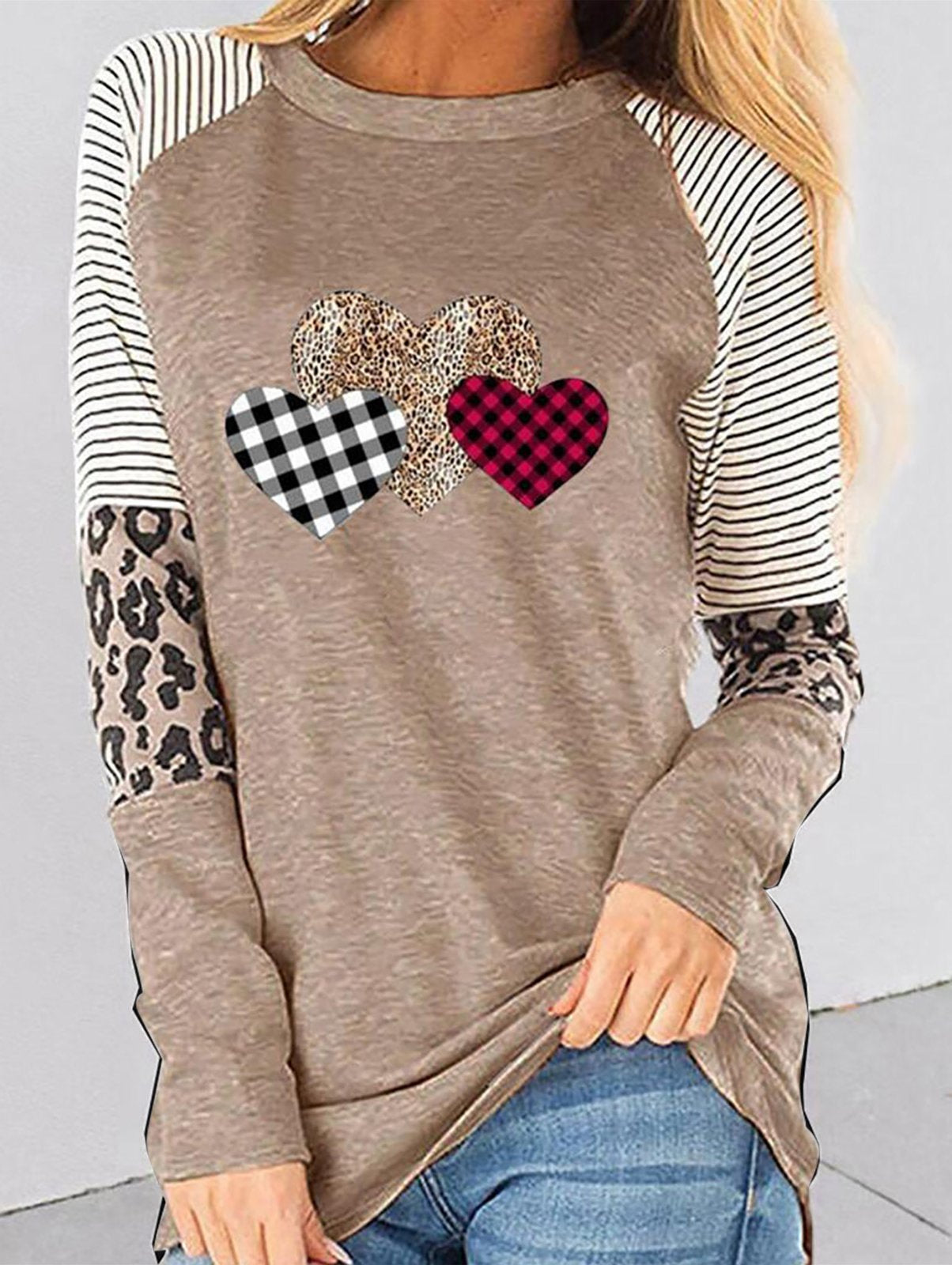 Women's Shirt Leopard Striped Love Heart Long Sleeve Shirt