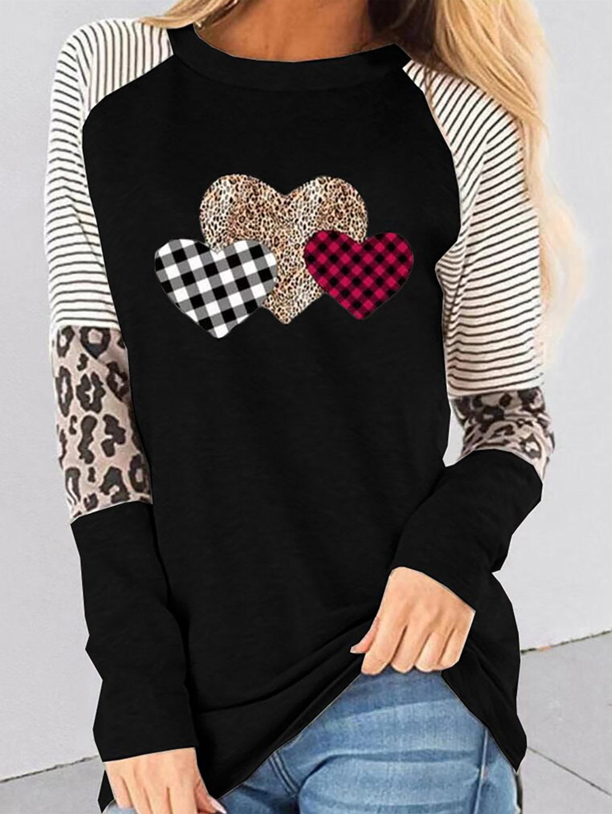Women's Shirt Leopard Striped Love Heart Long Sleeve Shirt