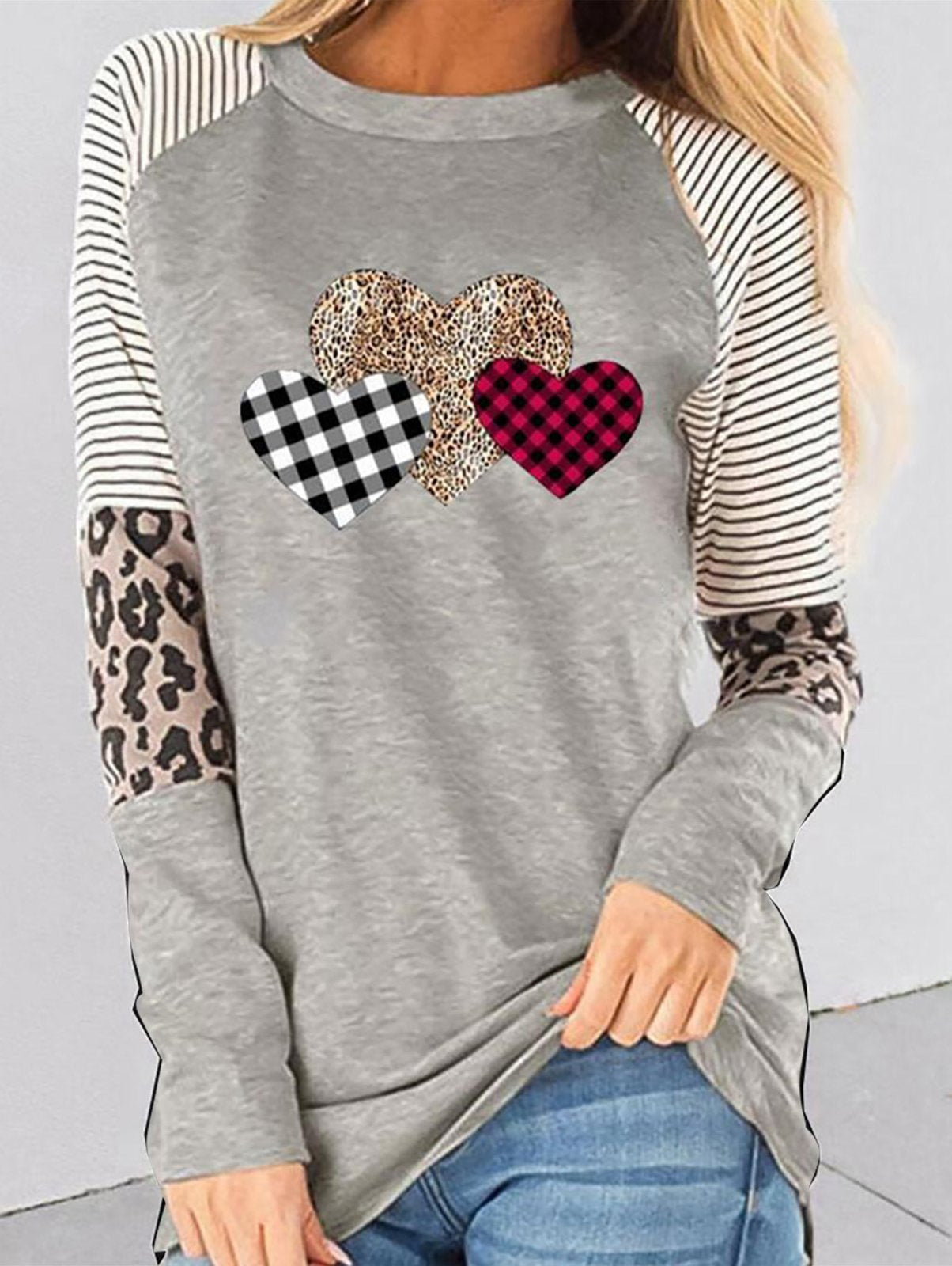 Women's Shirt Leopard Striped Love Heart Long Sleeve Shirt
