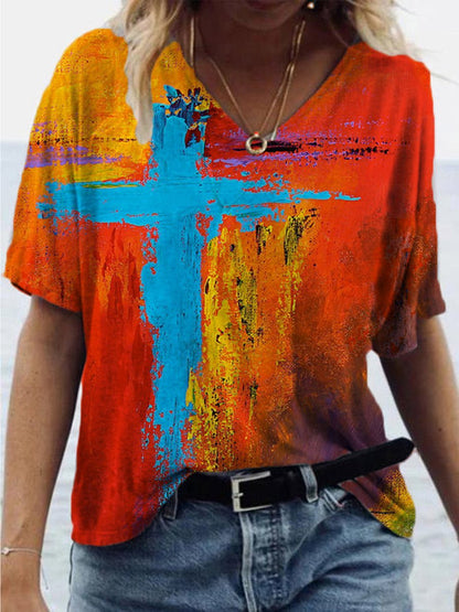 Graffiti Cross Painting Print V-Neck Women's T-Shirt