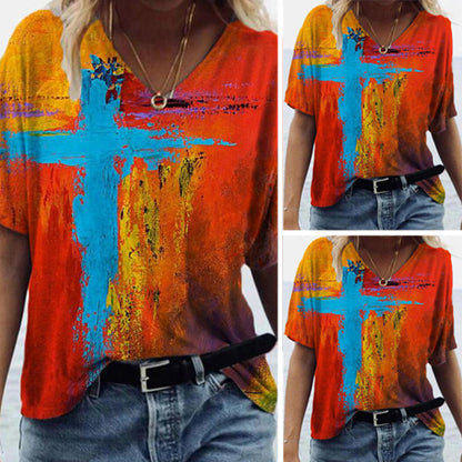 Graffiti Cross Painting Print V-Neck Women's T-Shirt