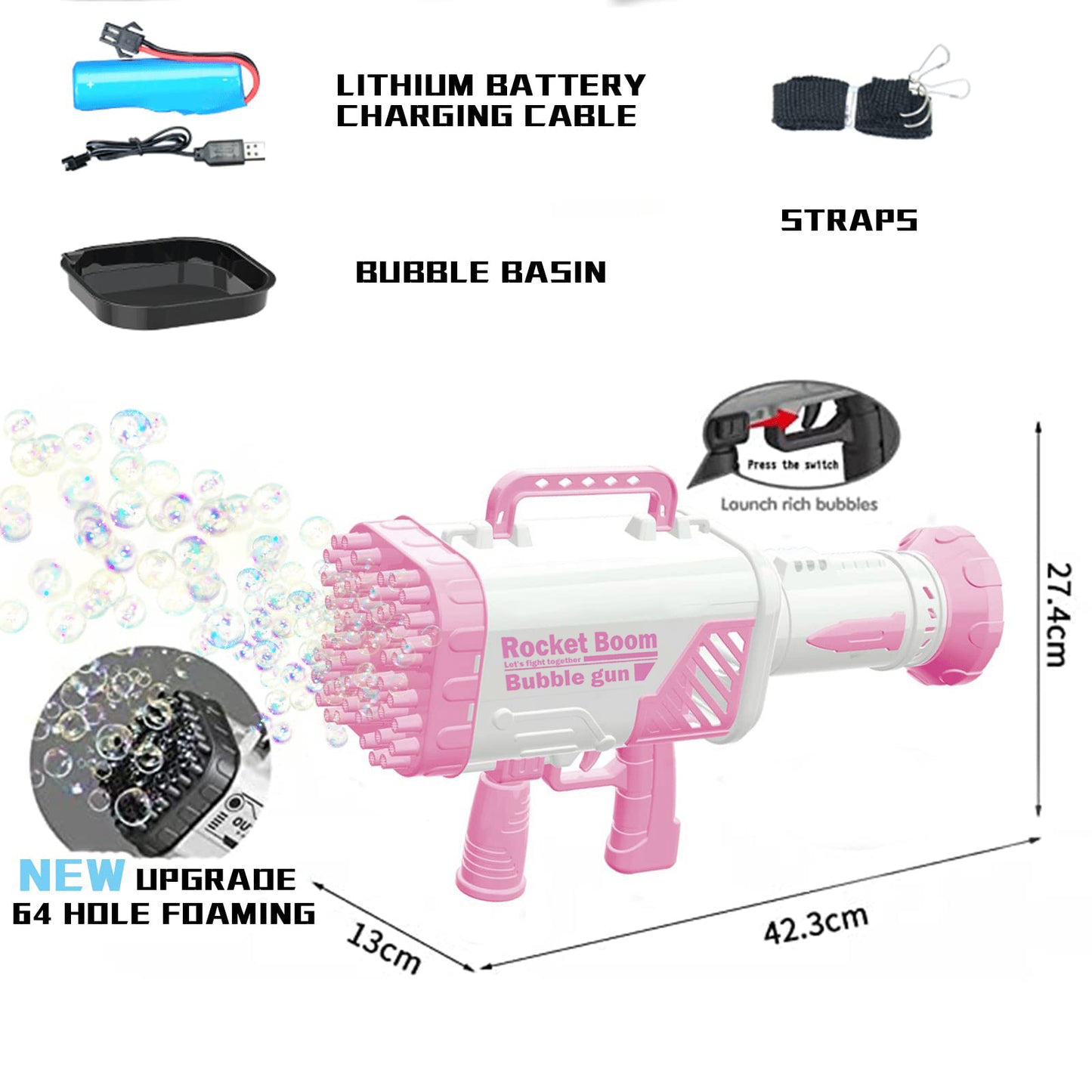 Colorful Lights Handheld Bazooka 64 Holes Bubble Gun Toy
