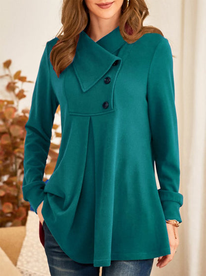 Plain Elegant Lapel Buttons Decoration Long Sleeve Casual T-shirt