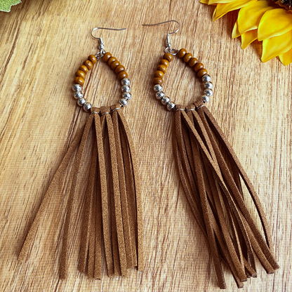 Woman Tassel Western Cowboy Style Turquoise Bead Earrings