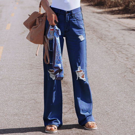 Women's High Waist Casual Ripped Long Jeans