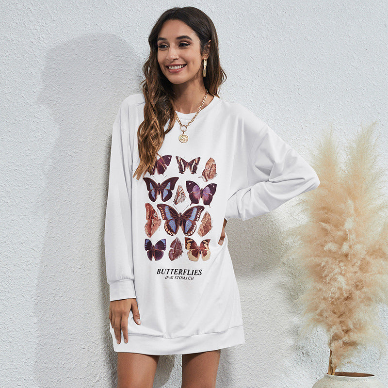 Women's Round Neck Fashion Butterfly Print Mid-length Sweater