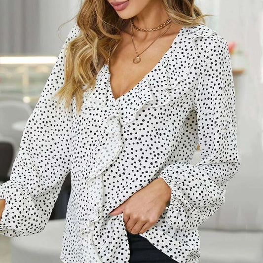 Ruffle Dot Print Lantern Long Sleeve V-neck Blouse For Women