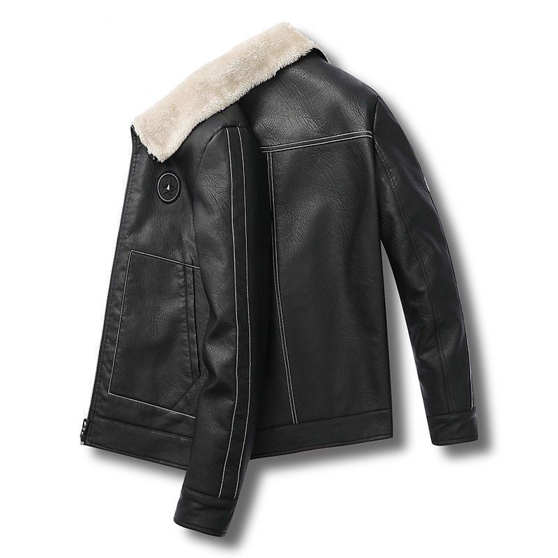 Men's Leather Lapel Plush Pocket Jacket