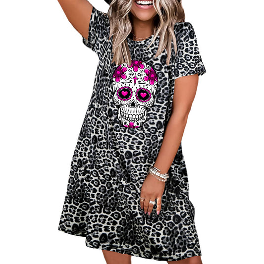 Woman Collar Leopard Skull Print Dress