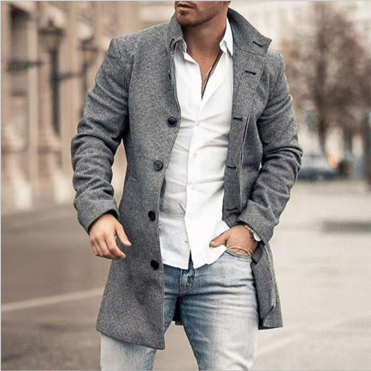 Plain Lapel Button Mid-Length OL Men's Coat