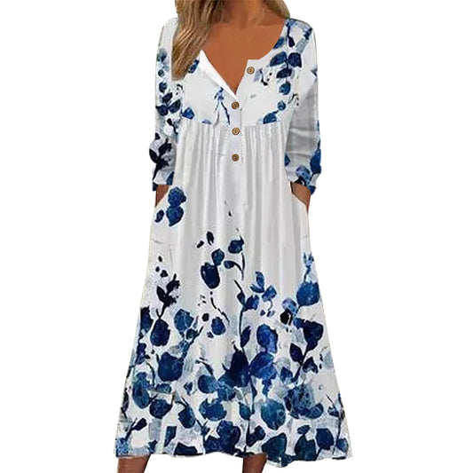 Women Long Sleeve V Neck Print Dress