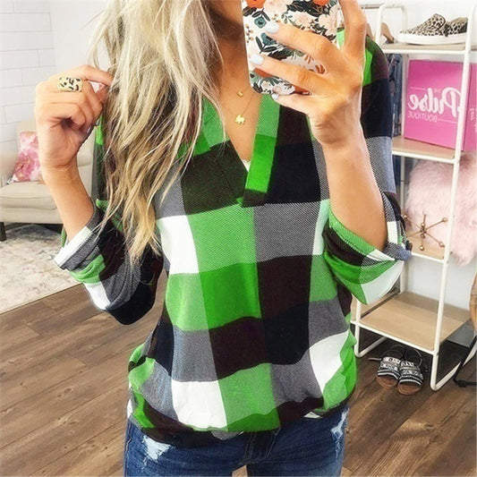 Women's Plaid V-Neck Long Sleeve Top Blouse