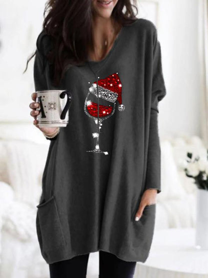Women's Christmas Wine Glass Print Long T-shirt