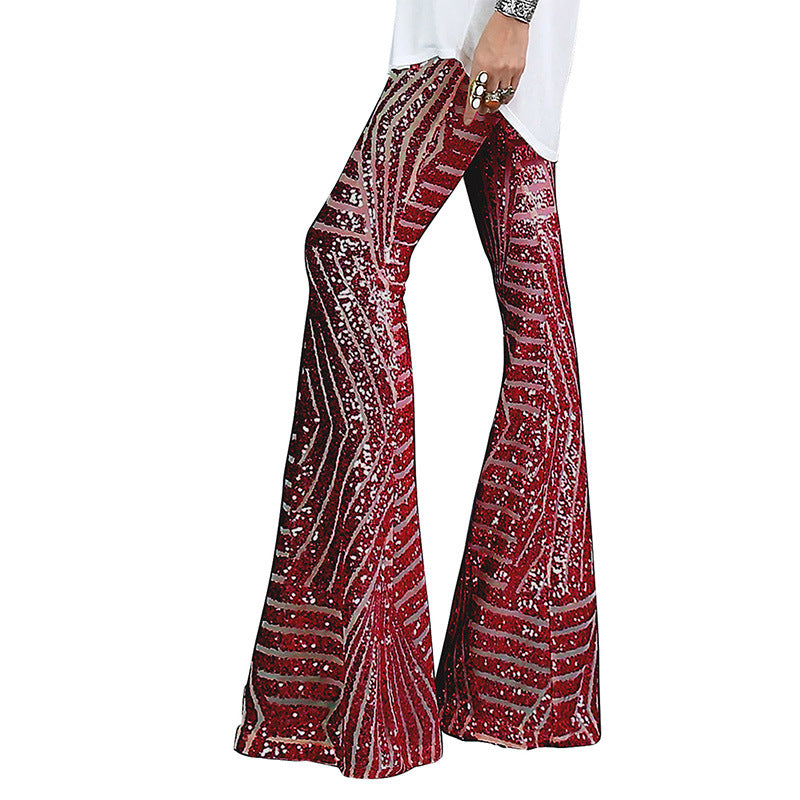 Women's Sequin Flared Pants Glitter High Waist Wide Leg Pants