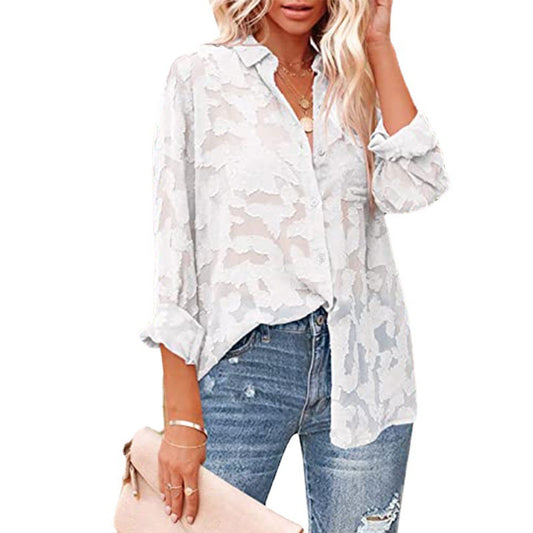 women's Hollow Chiffon Jacquard Long Sleeve Blouses