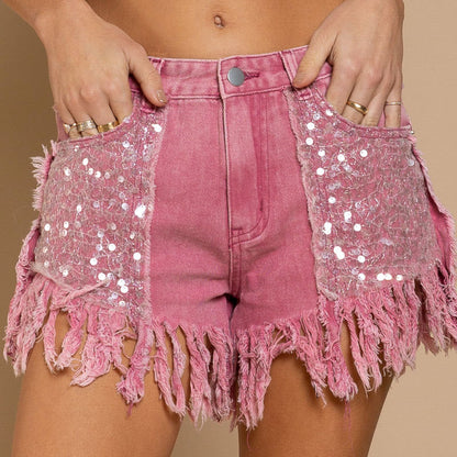 Women's Denim Sequined Fringed Shorts