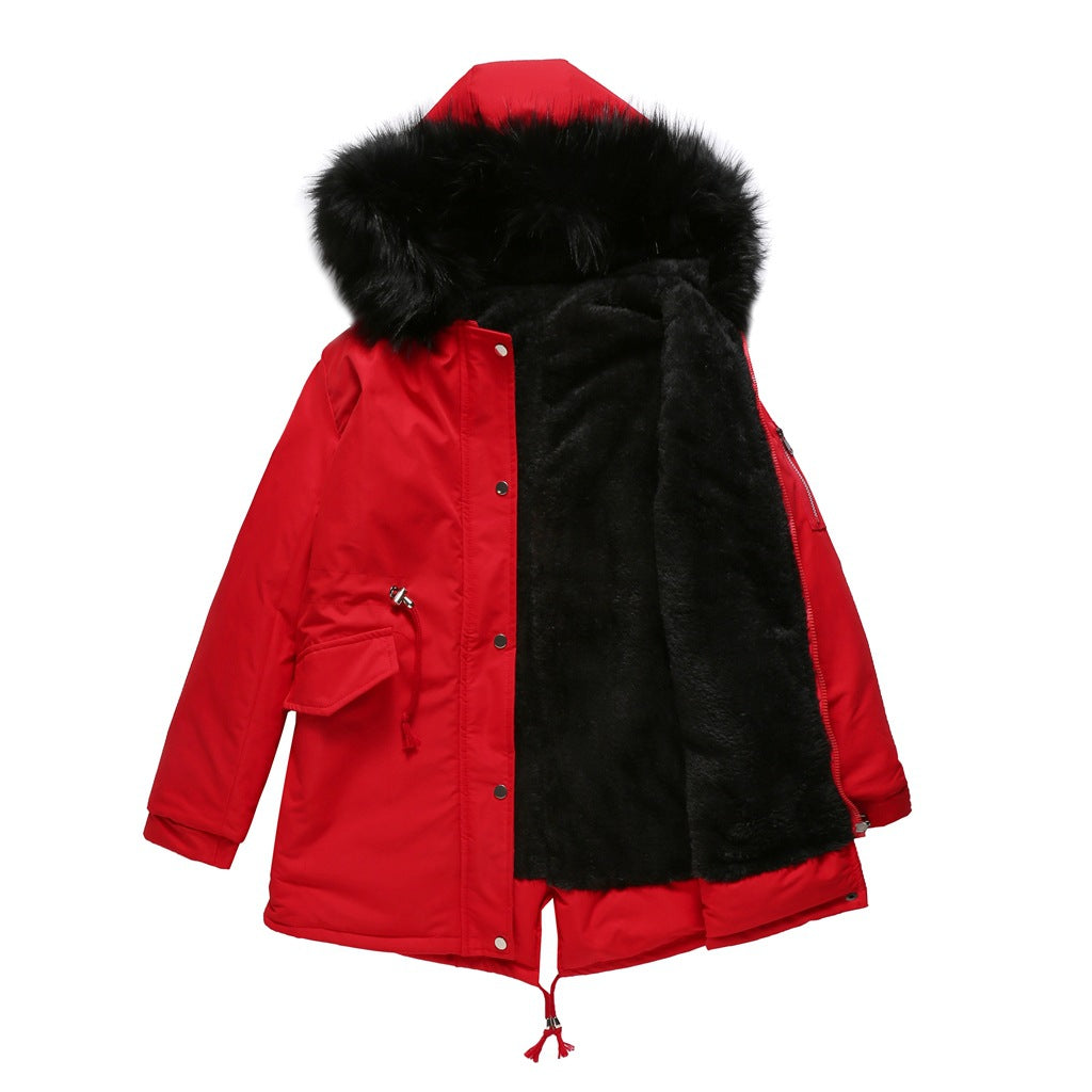 Women's Mid-length Hooded Fur Collar Warm And Fleece Coat