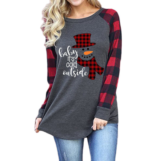 Woman Plaid Christmas Snowman Crew Neck Long Sleeve T-shirt