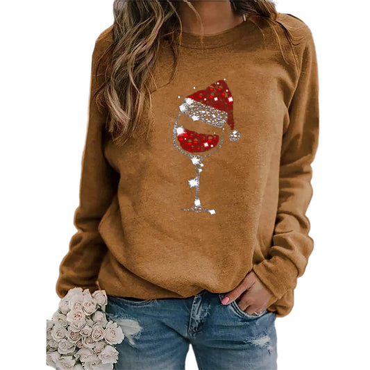 Woman Christmas Hat Red Wine Glass Print Long Sleeve Top