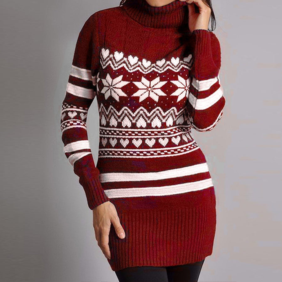 Women Christmas Snowflake Turtleneck Sweater Dress