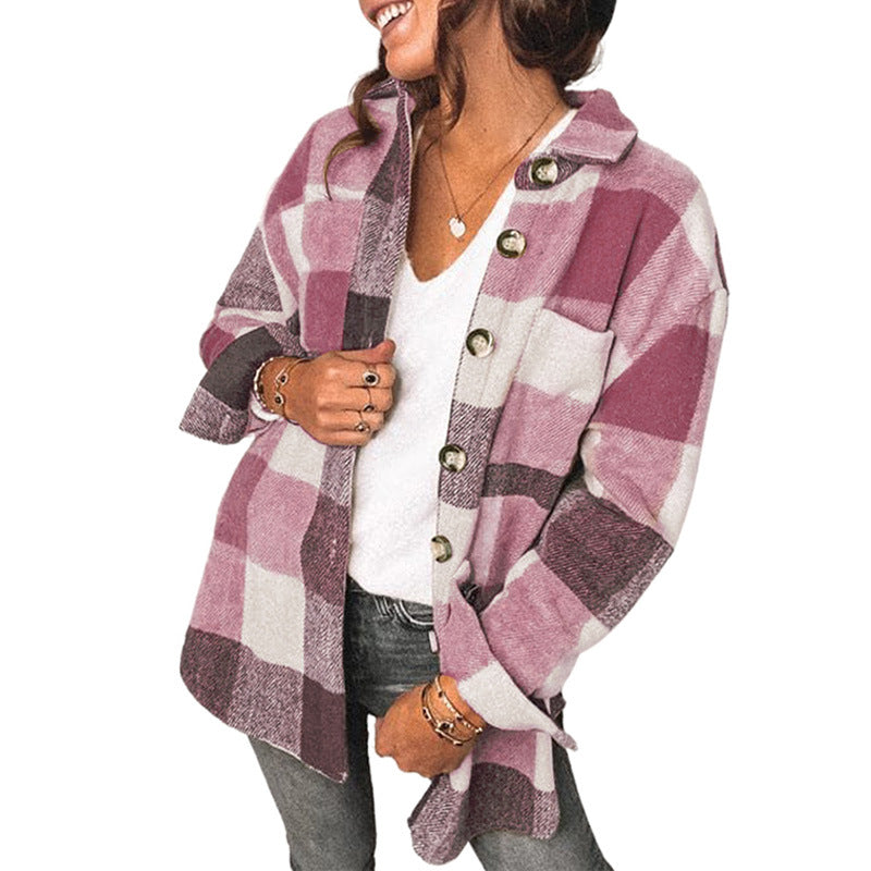 Casual Plaid Flannel Shirt Jacket For Women