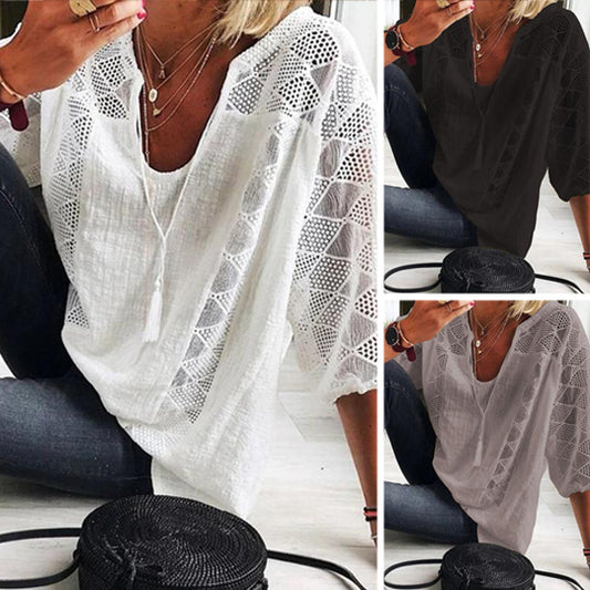 Women's Lace Stitching U-neck Three-quarter Sleeve Top