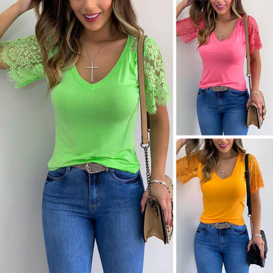 Women's Lace Short-Sleeved Stitching Top