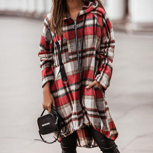 Plaid Zipper Casual Mid-length Hooded Shirt Woman Jacket