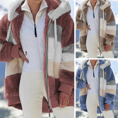Limited Time Discount-Women's Plush Striped Hooded Winter Coat