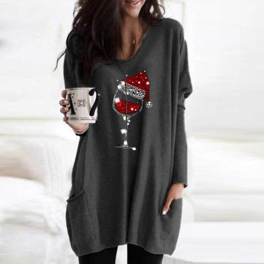 Women's Christmas Wine Glass Print Long T-shirt