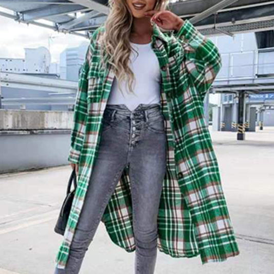 Woman Lengthened Plaid Shirt Jacket