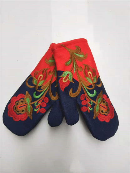 Woman Embroiders Winter Warm Christmas Gloves