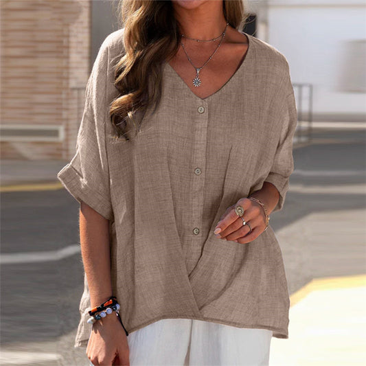 Women's V-Neck Pullover Short Sleeve Loose Blouses