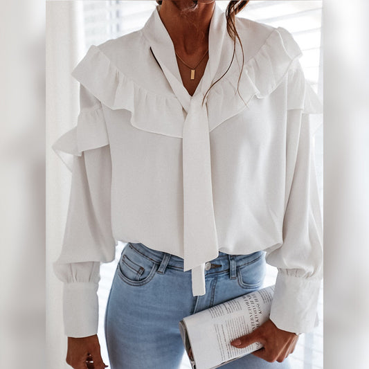 Woman Tie Long-sleeved Blouse With Ruffles Top