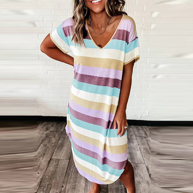 Loose Striped V-Neck Short Sleeve Maxi Dress
